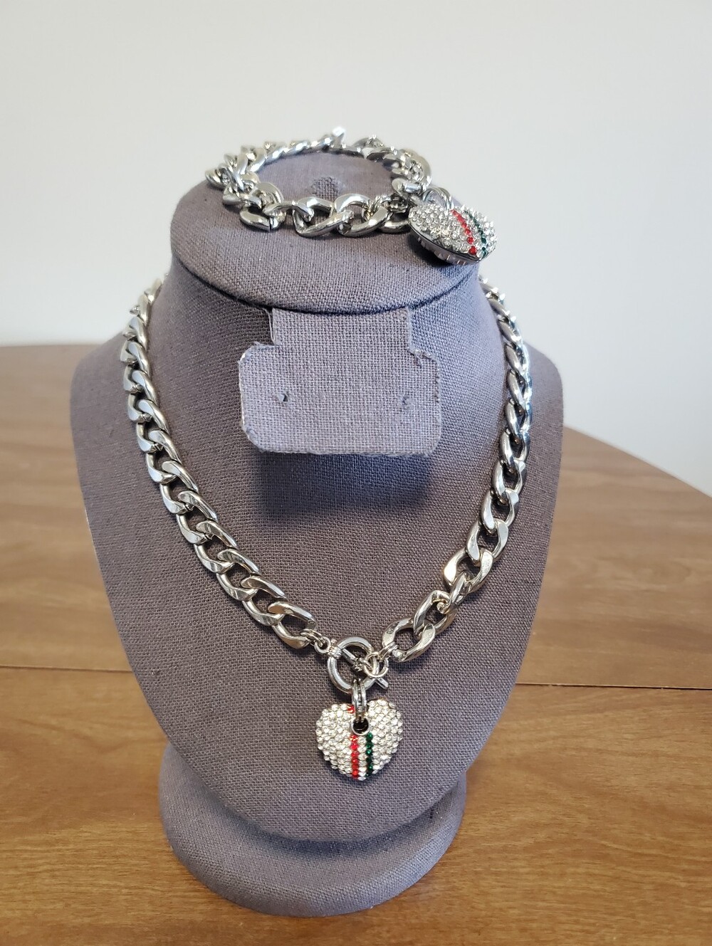 Silver-Tone Heart Charm Necklace with Red-Green-Black Crystal Stripe